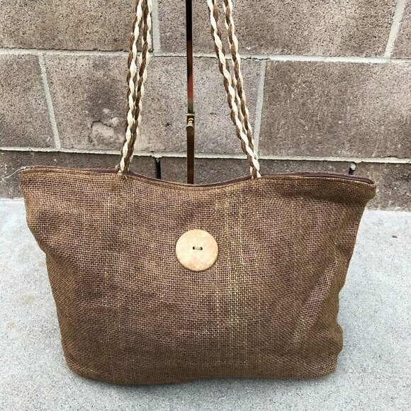 Unbranded Handbags - Oversized Raffia Burlap Purse Shoulder Hand Bag Women's Brown Zipper Jute